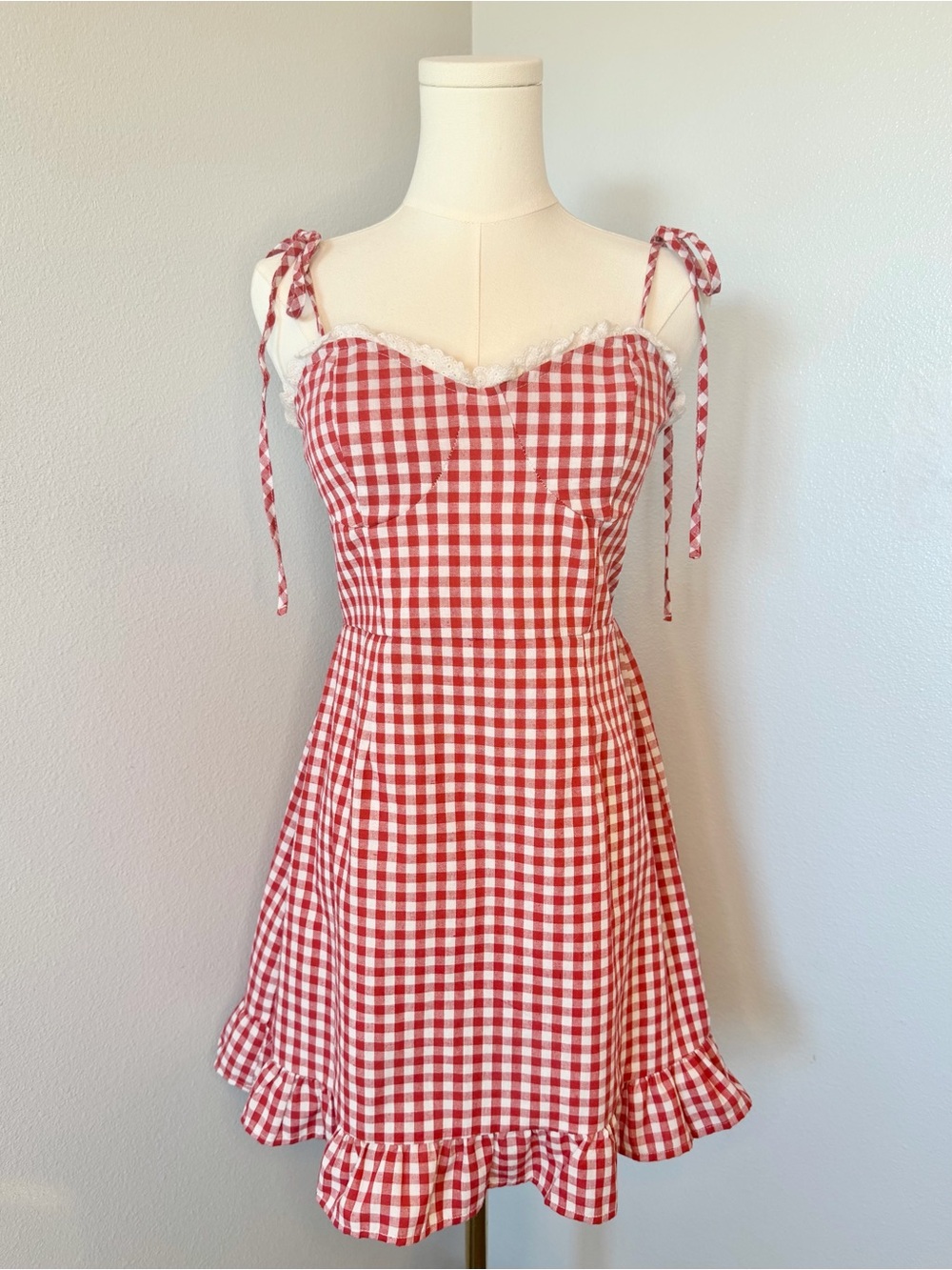 Red & White Gingham Tie-Strap Sundress SHEIN Size M